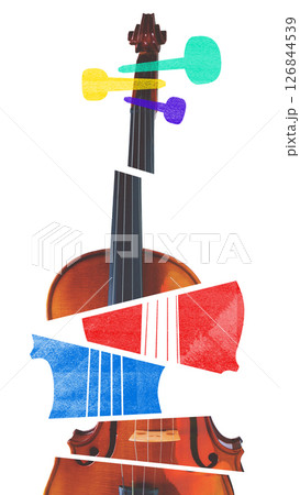 Poster. Contemporary art collage. Broken violin fragmented by colorful bursts symbolizing emotion, excitement before entering stage. Backstage Pulse 126844539