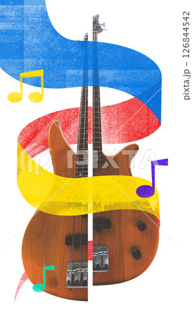 Poster. Contemporary art collage. Electric guitar wrapped in mellow sunlit waves evokes warmth of summer music. Golden Sound 126844542