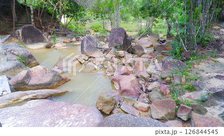 Tropical Rocky River Stream Surrounded by Lush Jungle and Natural Stones 126844545