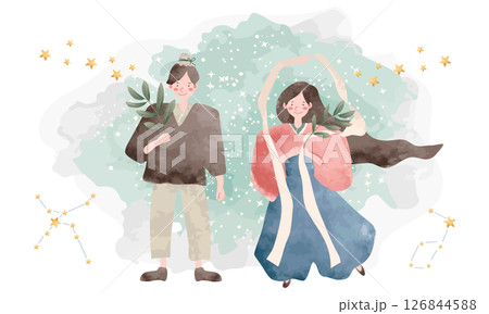 水彩で描いた絵本タッチな織姫と彦星のイラスト素材（銀河の背景色あり） 126844588