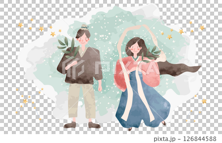 水彩で描いた絵本タッチな織姫と彦星のイラスト素材（銀河の背景色あり） 126844588