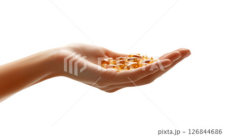 Gold rings on an open hand, created with AI, PNG 126844686
