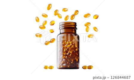 Amber bottle with orange capsules spilling out, created with AI, PNG 126844687