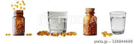 Amber capsules and clear liquids on white, created with AI, PNG 126844689