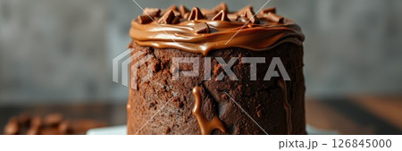 Delicious chocolate cake topped with creamy frosting and chocolate chips on a kitchen countertop 126845000