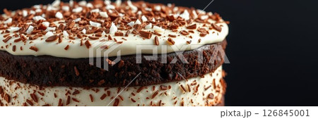 Decadent chocolate cake with creamy frosting and chocolate shavings on top, perfect for celebrations or dessert 126845001