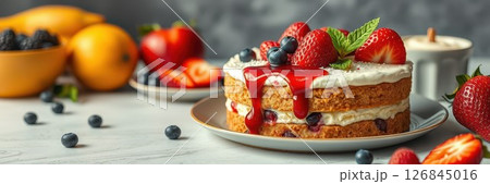 Fresh fruit cake decorated with strawberries, blueberries, and raspberry sauce on a white wooden table Fresh fruit cake decorated with strawberries, blueberries, and raspberry sauce on a white wooden table 126845016