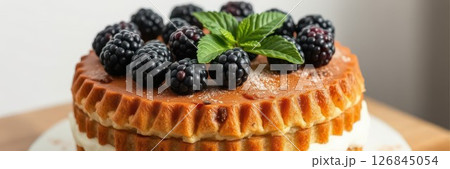 Delicious dessert topped with fresh blackberries placed on a wooden table during a bright afternoon 126845054