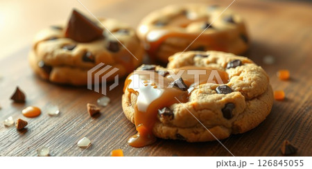 Deliciously warm cookies with melting caramel and chocolate chips on a wooden surface 126845055