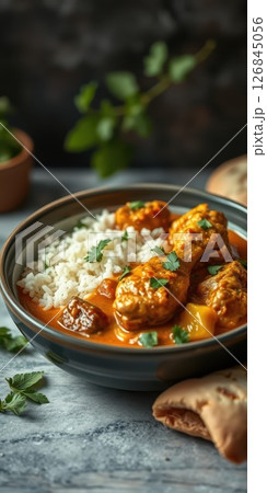 Delicious homemade meatballs served with fluffy rice and aromatic herbs in a cozy kitchen setting 126845056