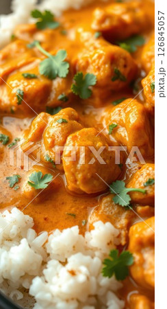 Delicious chicken curry served over fluffy white rice with fresh cilantro garnish in a cozy dining setting 126845057