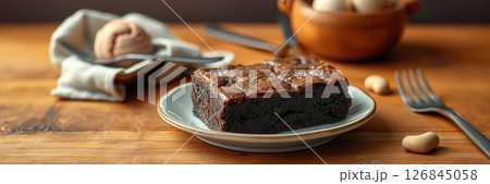 Scrumptious brownie served on a white plate with nuts and a bowl of ice cream nearby on a wooden table 126845058