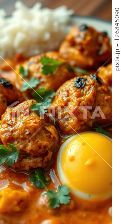 Savory spiced curry with tender meat and a bright yolk enhancing the flavor, served on a plate with rice Savory spiced curry with tender meat and a bright yolk enhancing the flavor, served on a plate with rice 126845090