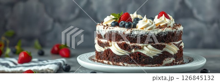 Delicious chocolate cake topped with fresh berries and whipped cream in a cozy kitchen setting at afternoon light Delicious chocolate cake topped with fresh berries and whipped cream in a cozy kitchen setting at afternoon light 126845132