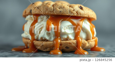 Delicious cookie sandwich filled with creamy ice cream and dripping caramel sauce served on a textured surface 126845256