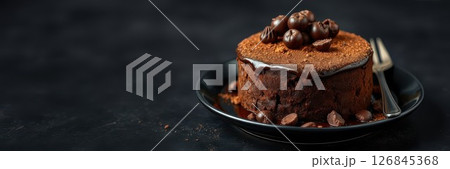 Delicious chocolate cake topped with coffee beans served on a black plate with cutlery 126845368