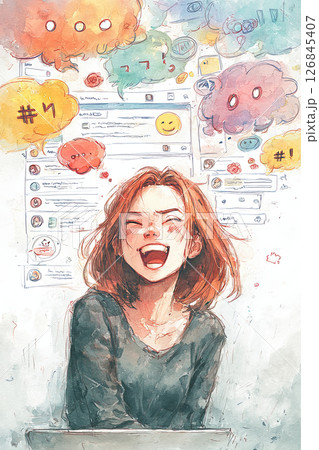Cheerful woman, red hair, watercolor, social media, cloud, smiling, digital art 126845407