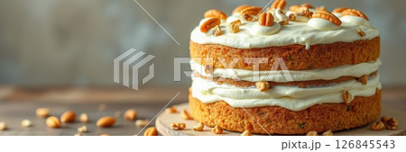 Delicious nut cake with cream frosting garnished with nuts on a wooden plate in a cozy kitchen setting Delicious nut cake with cream frosting garnished with nuts on a wooden plate in a cozy kitchen setting 126845543