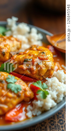 Delicious chicken curry served with fluffy rice and fresh cilantro on a warm wooden table for an inviting dining experience 126845548