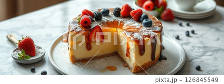 Delicious cheesecake with fresh berries and caramel sauce displayed on a marble surface 126845549