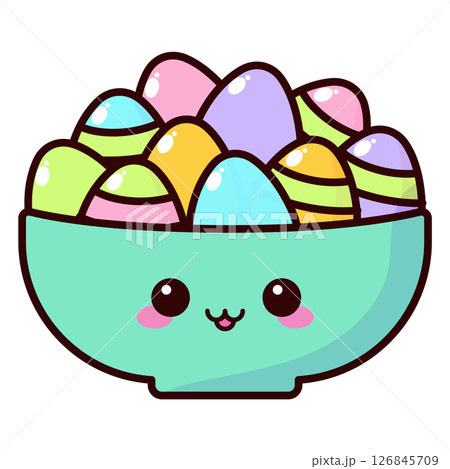 A cute cartoon bowl filled with colorful Easter eggs. 126845709