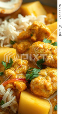 Delicious chicken curry with potatoes and herbs served with rice in a vibrant dish 126845720