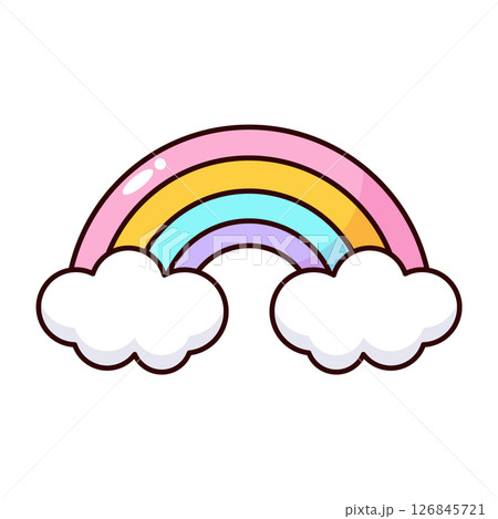 A colorful cartoon rainbow with pastel colors and fluffy white clouds underneath.  126845721