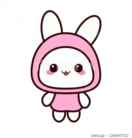 A cute cartoon character resembling a bunny, wearing a pink hooded outfit. 126845722