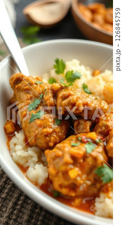 Delicious chicken curry served over fluffy rice with fresh cilantro garnish for a comforting meal 126845759