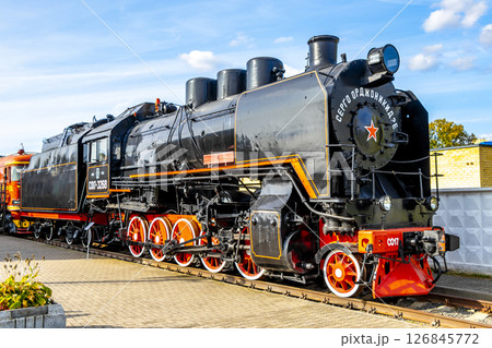 Black classic vintage retro train trains steam locomotive locomotives Belarus. 126845772