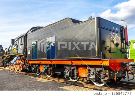 Black classic vintage retro train trains steam locomotive locomotives Belarus. 126845777