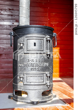Inside a classic vintage retro train steam locomotive in Belarus. 126845799