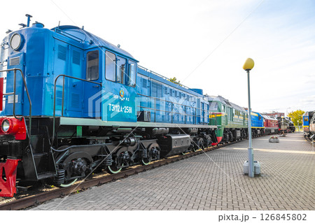 Classic vintage retro train trains steam locomotive locomotives in Belarus. Classic vintage retro train trains steam locomotive locomotives in Belarus. 126845802