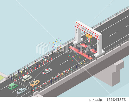 アイソメトリック図法で描いた開通式のイメージ[橋]（水色地） 126845878