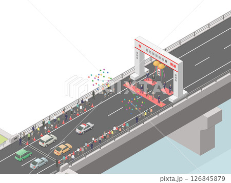 アイソメトリック図法で描いた開通式のイメージ[橋]（無地） 126845879