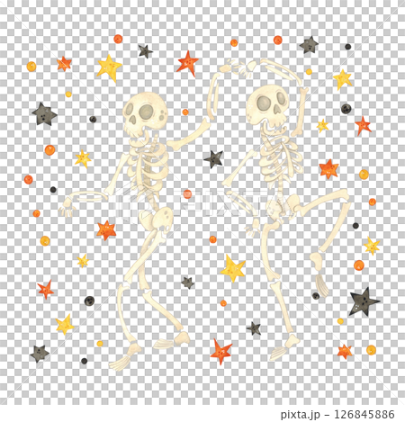 Two funny dancing skeletons in a pair among orange and black stars and confetti. Watercolor illustration, cartoon. Drawing for cards, posters, stickers. Halloween, holiday, dance, bones, skeleton, sku 126845886