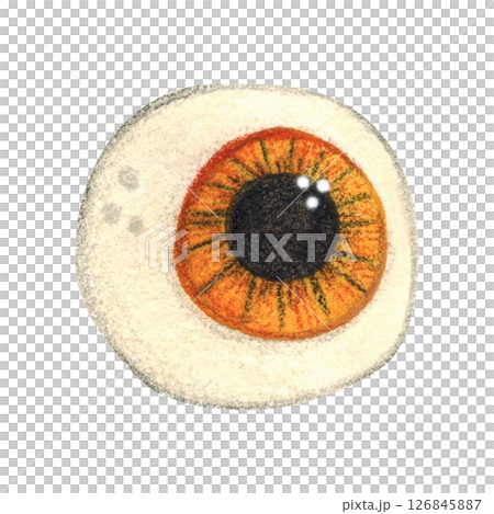 Eye, round, with black pupil, isolated. Watercolor illustration hand drawn, cartoon. Drawing for stickers, cards, scrapbooking. Halloween, eye, decor, yellow, orange, pupil, holiday 126845887