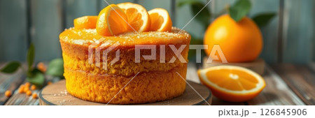 Delicious orange cake topped with fresh slices presented on a rustic wooden table with ingredients nearby Delicious orange cake topped with fresh slices presented on a rustic wooden table with ingredients nearby 126845906