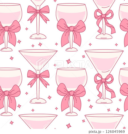 Seamless Pattern Pink Coquette Glass Drink with Bow. Vintage Aesthetic Cocktail on White Background. Romantic Girly Vibe. Trendy Party backdrop template. Vector illustration 126845969