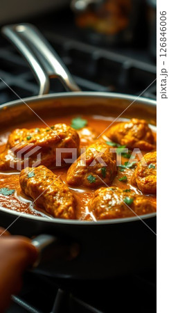 Savory vegetarian dumplings simmering in rich tomato sauce with fresh herbs in a kitchen setting Savory vegetarian dumplings simmering in rich tomato sauce with fresh herbs in a kitchen setting 126846006