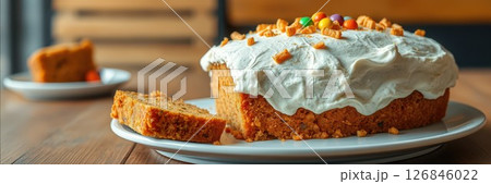 Delicious baked cake decorated with colorful toppings served on a wooden table at a cozy cafe 126846022