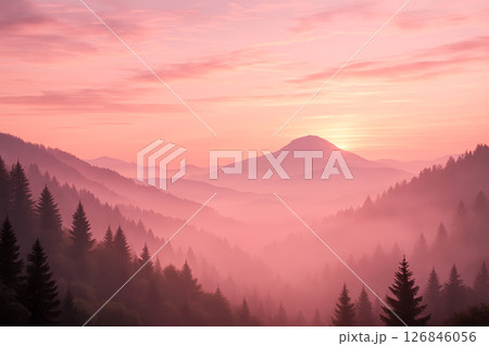 Beautiful pink sunrise over mountain range with misty pine forest, natural landscape scenery, tranquil morning light, travel nature inspiration, peaceful wilderness 126846056