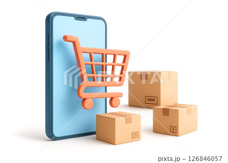 Modern smartphone with orange shopping cart and cardboard boxes represents online shopping, ecommerce, delivery, mobile application, digital marketing, fast retail logistics 126846057