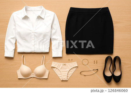 Office outfit with blouse skirt heels and lingerie flat lay fashion concept business formal dress secretary clothing style 126846060