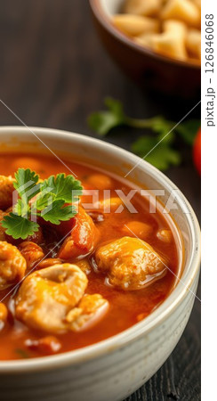 Delicious chicken stew with herbs served in a rustic bowl on a wooden table in a cozy kitchen setting 126846068