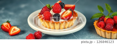 Fresh fruit tarts displayed on a light blue background with vibrant colors and delicious textures Fresh fruit tarts displayed on a light blue background with vibrant colors and delicious textures 126846123