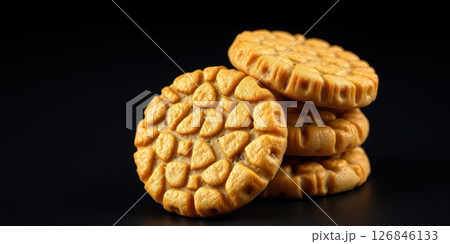 Deliciously crafted cookies stacked elegantly on a dark background showcasing intricate designs and appealing textures 126846133