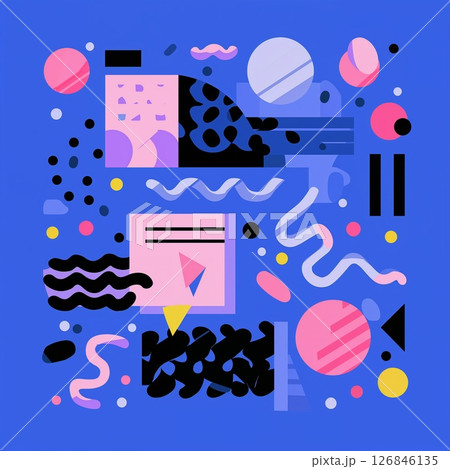Playful modern abstract illustration with colorful geometric shapes, lines, and dots on a vibrant blue background, ideal for creative design.  126846135