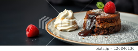 Decadent chocolate cake with melting center served with whipped cream and fresh raspberries 126846136
