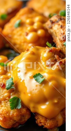 Deliciously cheesy baked macaroni and cheese topped with crispy bits and fresh herbs served on a plate 126846144